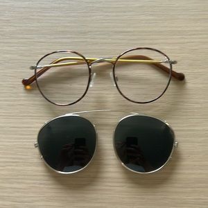 Moscot Zev frames in blonde with the clip on.